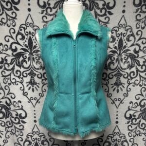 Nine West Womens XS Teal Faux Suede Fur Trim Full Zip Vest Green Boho Chic